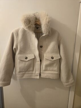 H&M Cream Faux Fur-Trim Cropped Puffer Jacket